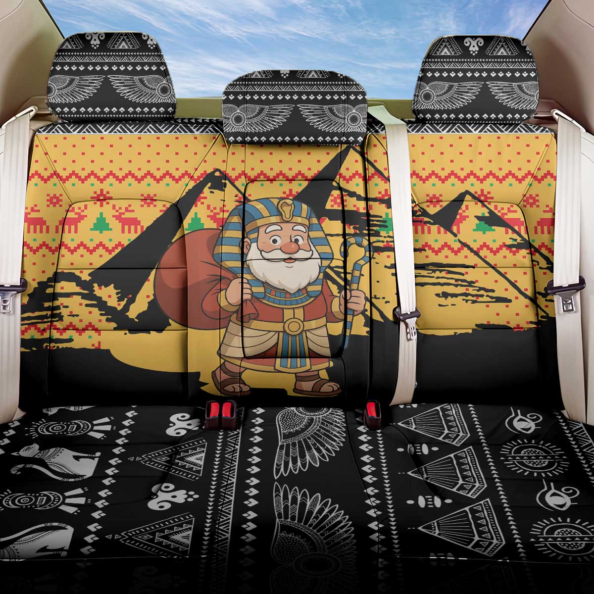 Egypt Christmas Back Car Seat Cover with Pharaoh Santa Pyramids Eye of Horus and Ancient Egyptian - Wonder Print Shop