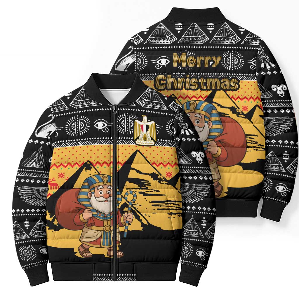 Egypt Christmas Bomber Puffer Jacket with Pharaoh Santa Pyramids Eye of Horus and Ancient Egyptian - Wonder Print Shop