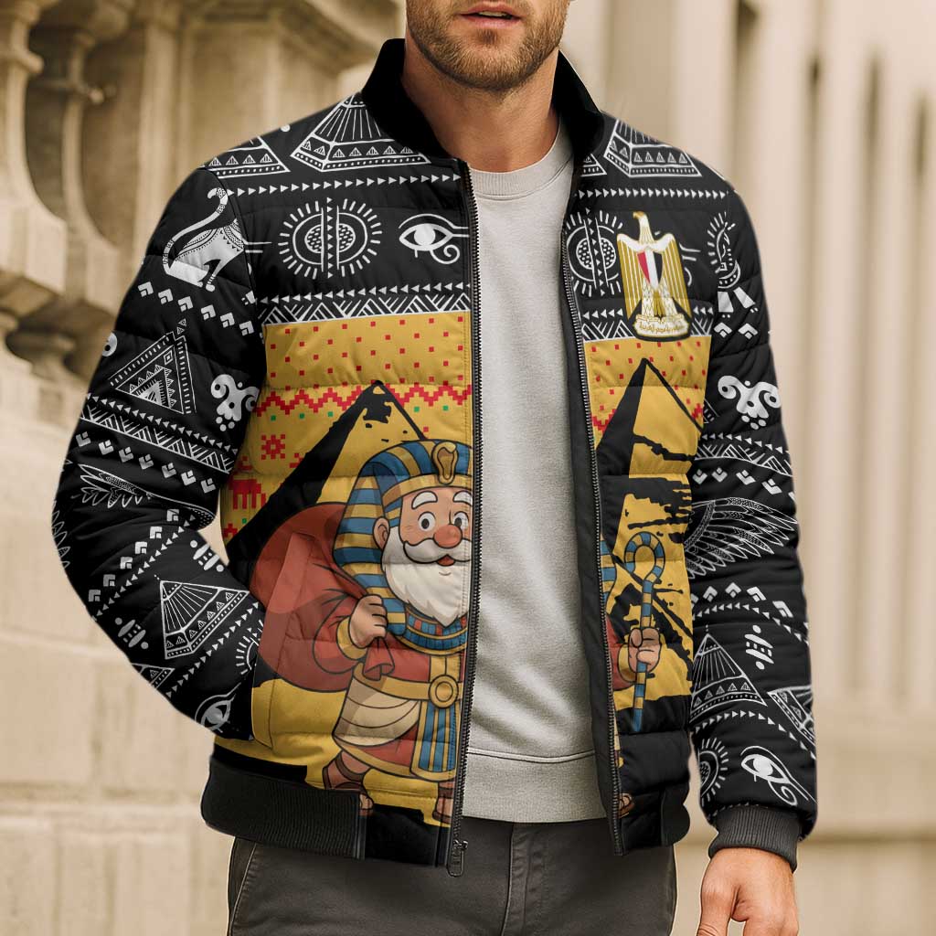 Egypt Christmas Bomber Puffer Jacket with Pharaoh Santa Pyramids Eye of Horus and Ancient Egyptian - Wonder Print Shop