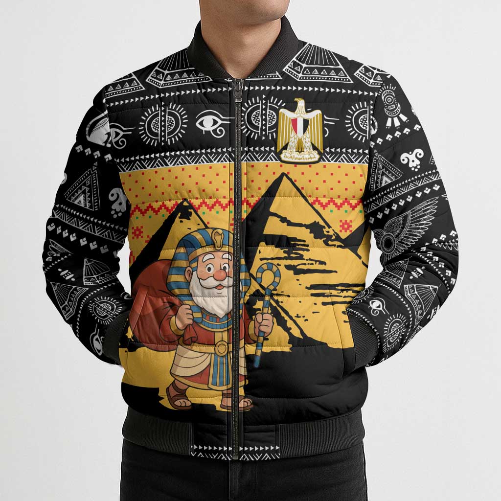Egypt Christmas Bomber Puffer Jacket with Pharaoh Santa Pyramids Eye of Horus and Ancient Egyptian - Wonder Print Shop