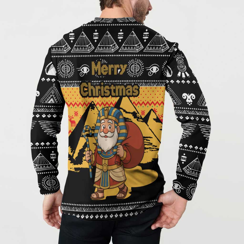 Egypt Christmas Button Sweatshirt with Pharaoh Santa Pyramids Eye of Horus and Ancient Egyptian - Wonder Print Shop