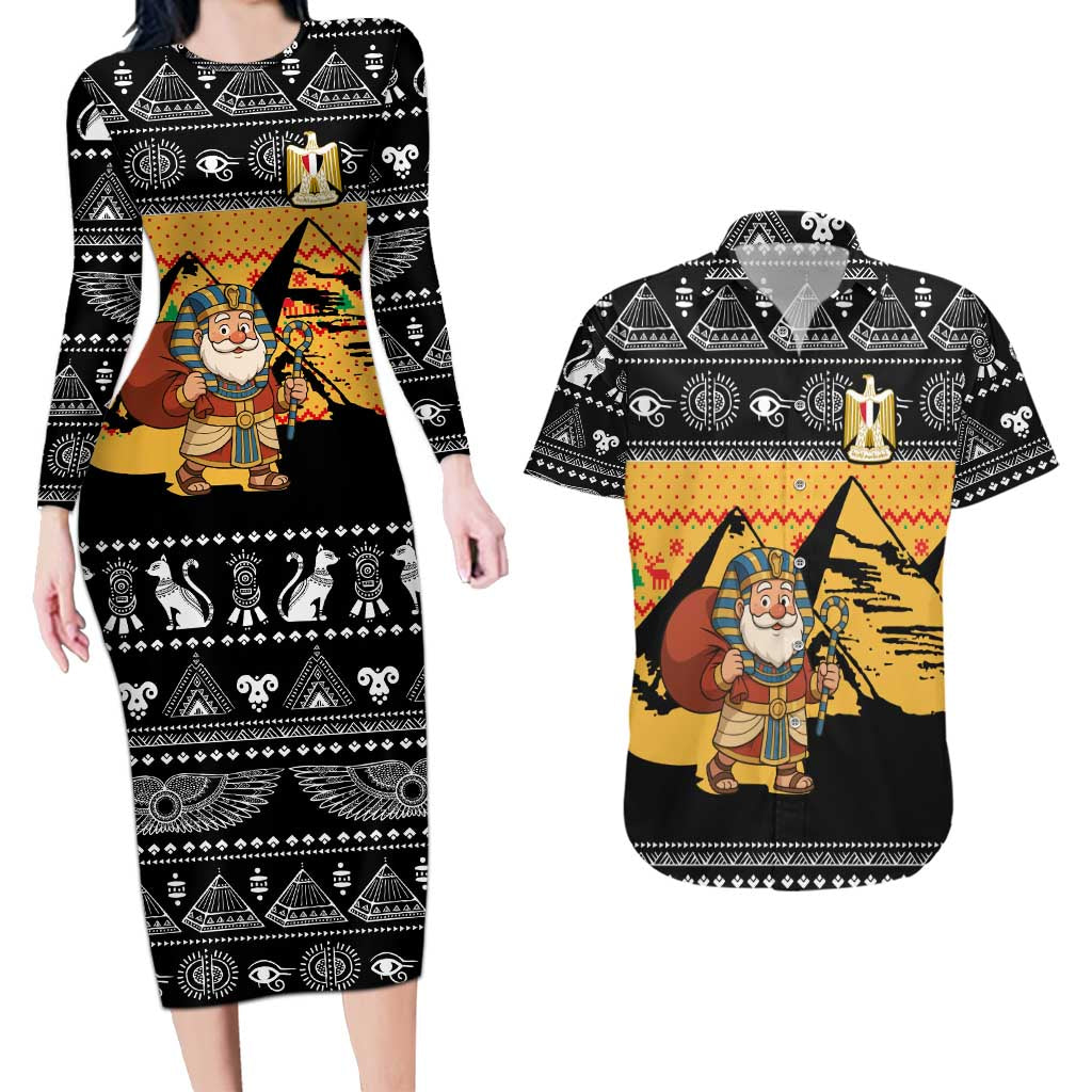 Egypt Christmas Couples Matching Long Sleeve Bodycon Dress and Hawaiian Shirt with Pharaoh Santa Pyramids Eye of Horus and Ancient Egyptian - Wonder Print Shop