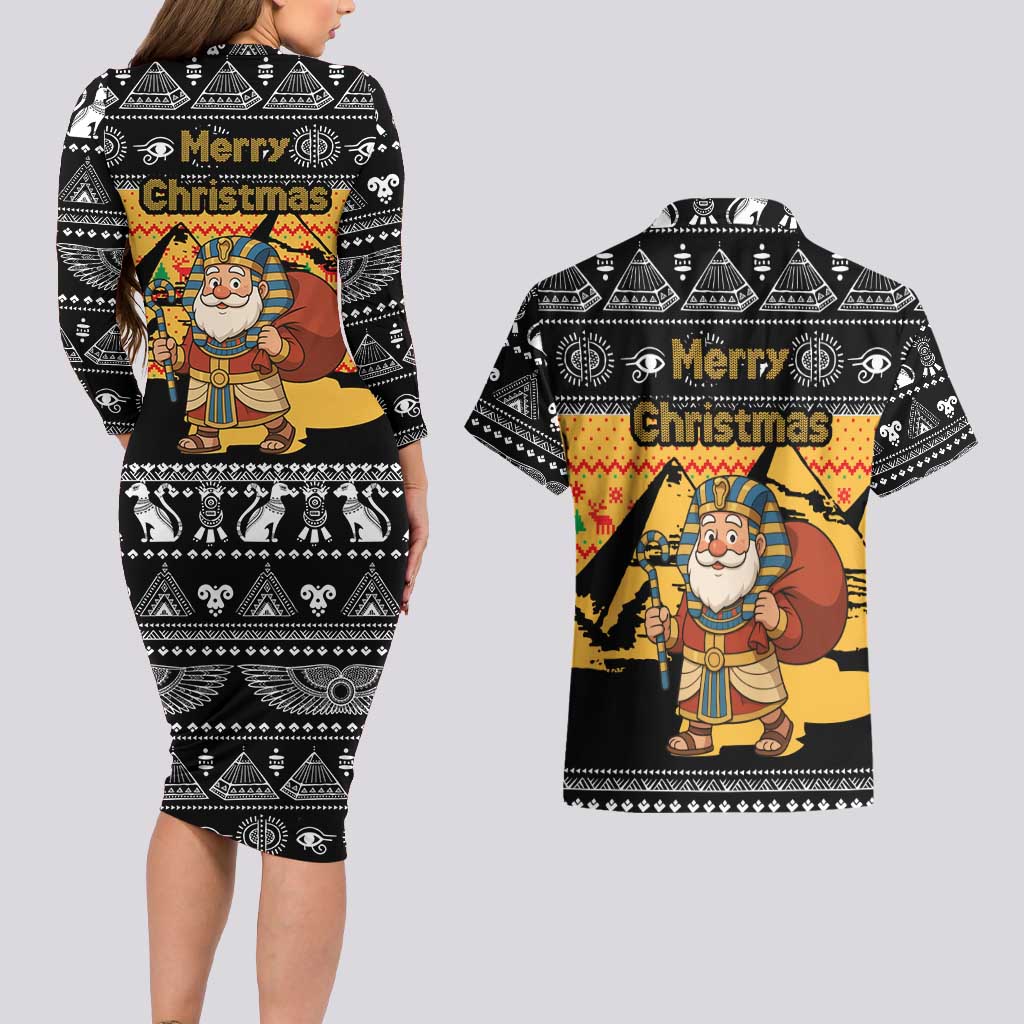 Egypt Christmas Couples Matching Long Sleeve Bodycon Dress and Hawaiian Shirt with Pharaoh Santa Pyramids Eye of Horus and Ancient Egyptian - Wonder Print Shop