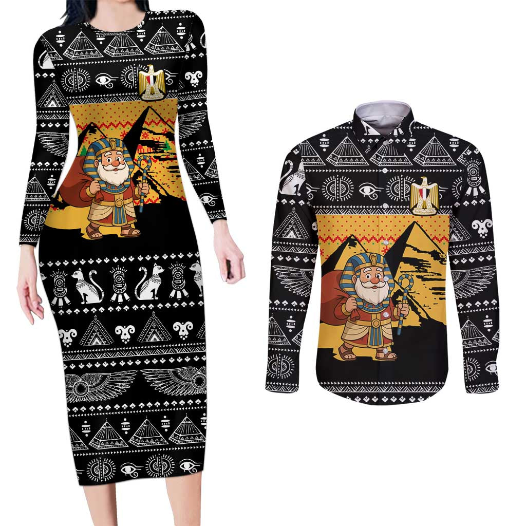 Egypt Christmas Couples Matching Long Sleeve Bodycon Dress and Long Sleeve Button Shirt with Pharaoh Santa Pyramids Eye of Horus and Ancient Egyptian - Wonder Print Shop