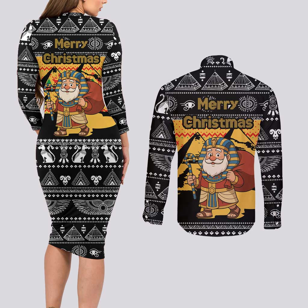 Egypt Christmas Couples Matching Long Sleeve Bodycon Dress and Long Sleeve Button Shirt with Pharaoh Santa Pyramids Eye of Horus and Ancient Egyptian - Wonder Print Shop