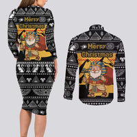 Egypt Christmas Couples Matching Long Sleeve Bodycon Dress and Long Sleeve Button Shirt with Pharaoh Santa Pyramids Eye of Horus and Ancient Egyptian - Wonder Print Shop