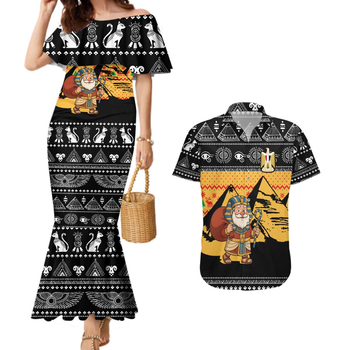 Egypt Christmas Couples Matching Mermaid Dress and Hawaiian Shirt with Pharaoh Santa Pyramids Eye of Horus and Ancient Egyptian - Wonder Print Shop