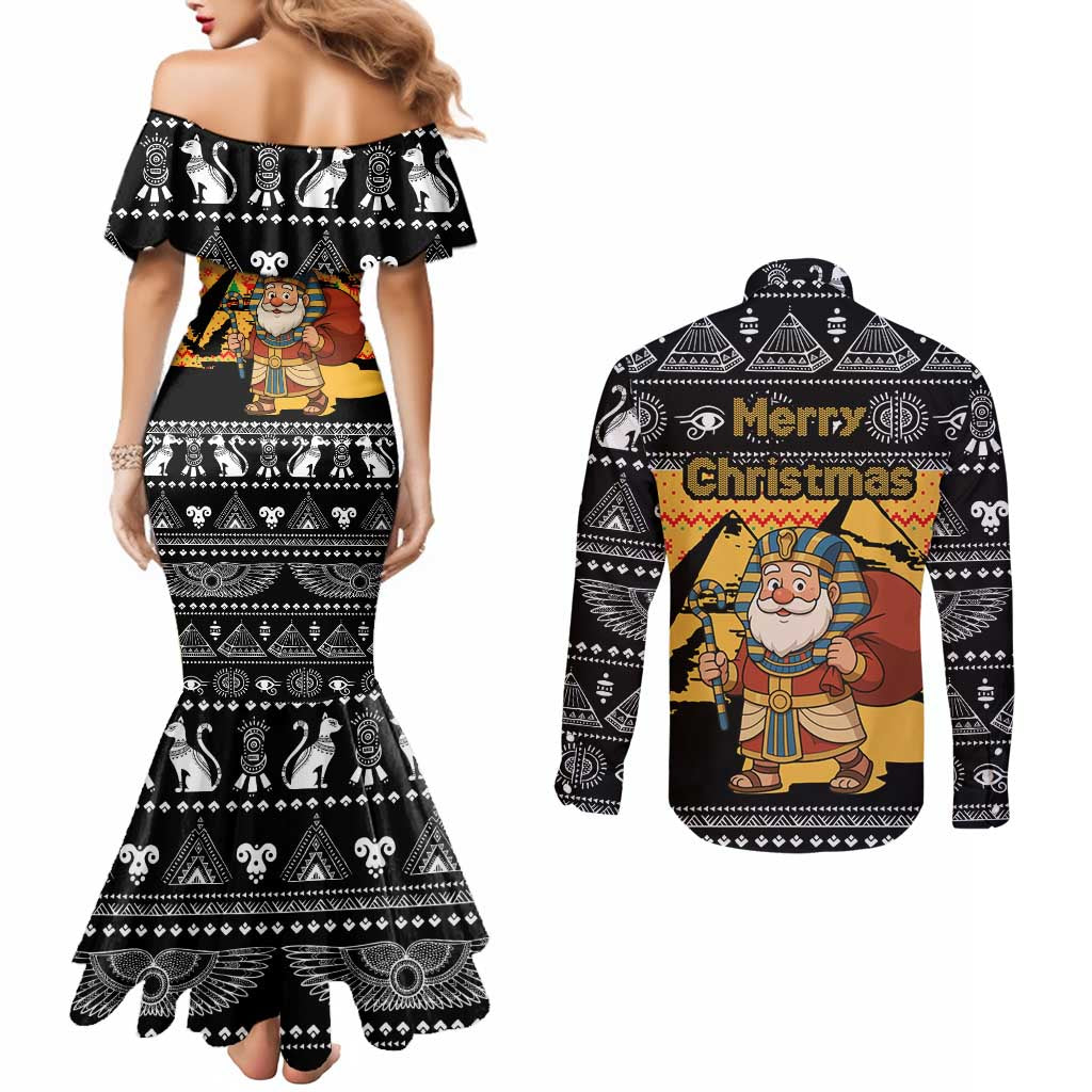 Egypt Christmas Couples Matching Mermaid Dress and Long Sleeve Button Shirt with Pharaoh Santa Pyramids Eye of Horus and Ancient Egyptian - Wonder Print Shop