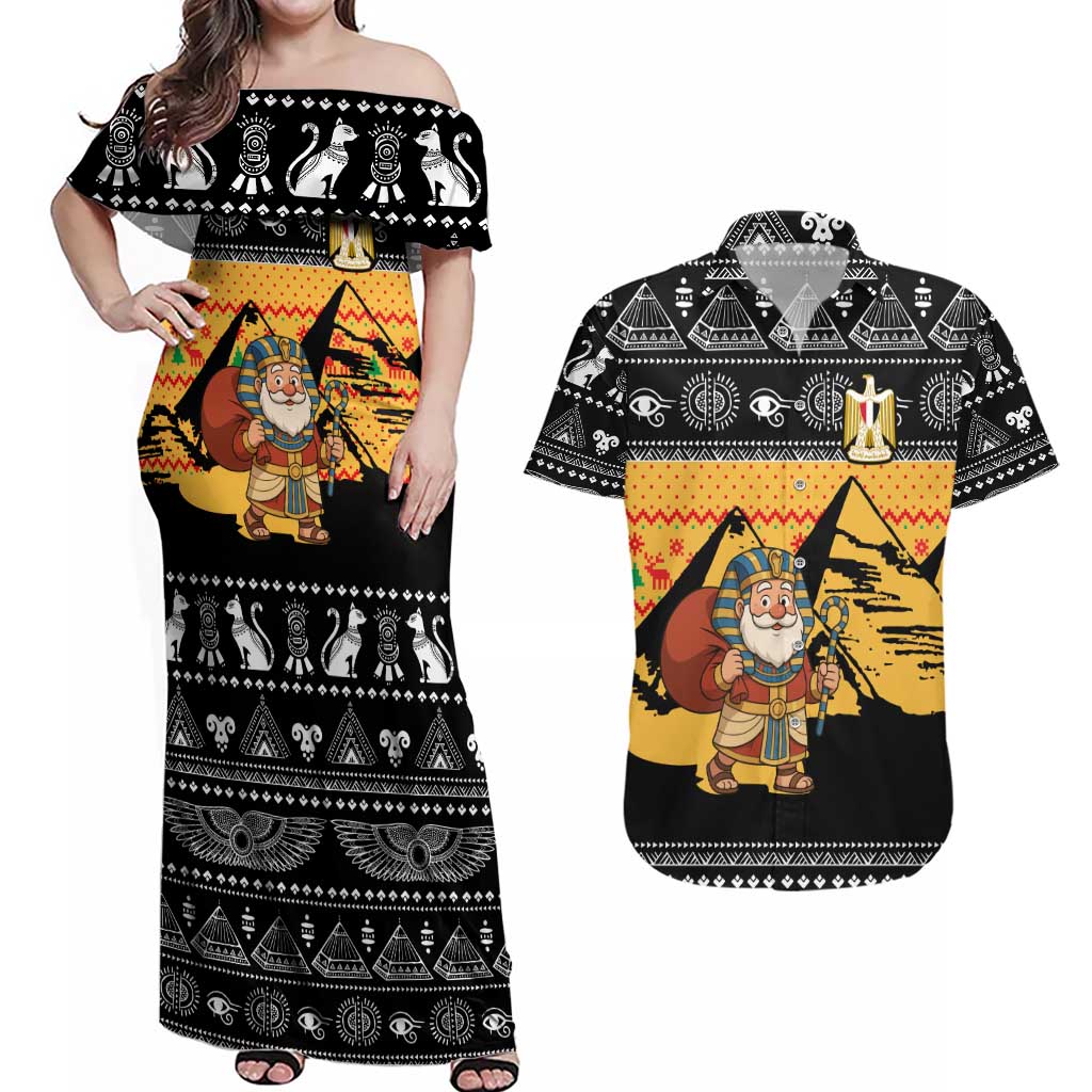 Egypt Christmas Couples Matching Off Shoulder Maxi Dress and Hawaiian Shirt with Pharaoh Santa Pyramids Eye of Horus and Ancient Egyptian - Wonder Print Shop