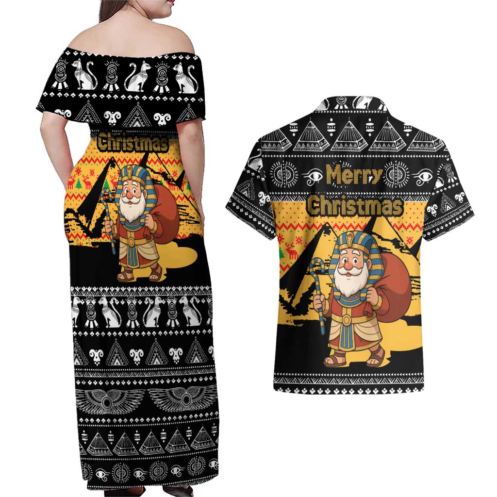 Egypt Christmas Couples Matching Off Shoulder Maxi Dress and Hawaiian Shirt with Pharaoh Santa Pyramids Eye of Horus and Ancient Egyptian - Wonder Print Shop