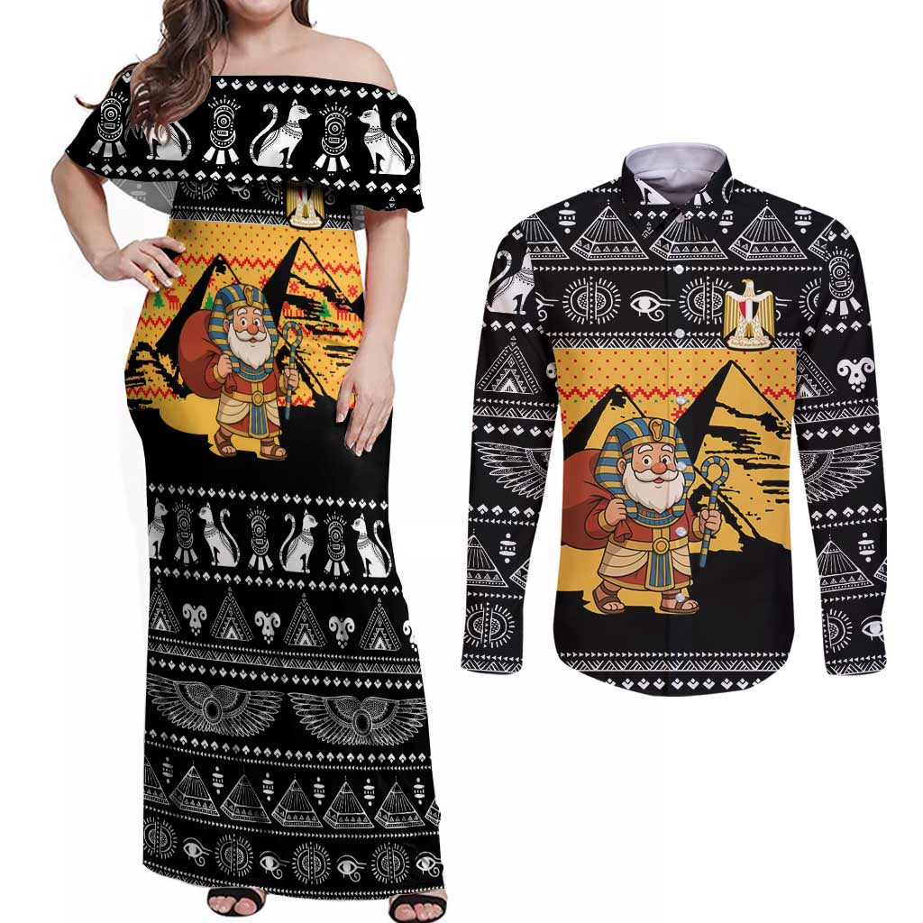 Egypt Christmas Couples Matching Off Shoulder Maxi Dress and Long Sleeve Button Shirt with Pharaoh Santa Pyramids Eye of Horus and Ancient Egyptian - Wonder Print Shop