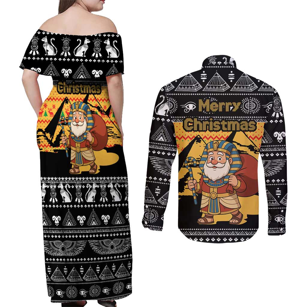 Egypt Christmas Couples Matching Off Shoulder Maxi Dress and Long Sleeve Button Shirt with Pharaoh Santa Pyramids Eye of Horus and Ancient Egyptian - Wonder Print Shop