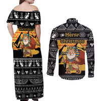 Egypt Christmas Couples Matching Off Shoulder Maxi Dress and Long Sleeve Button Shirt with Pharaoh Santa Pyramids Eye of Horus and Ancient Egyptian - Wonder Print Shop