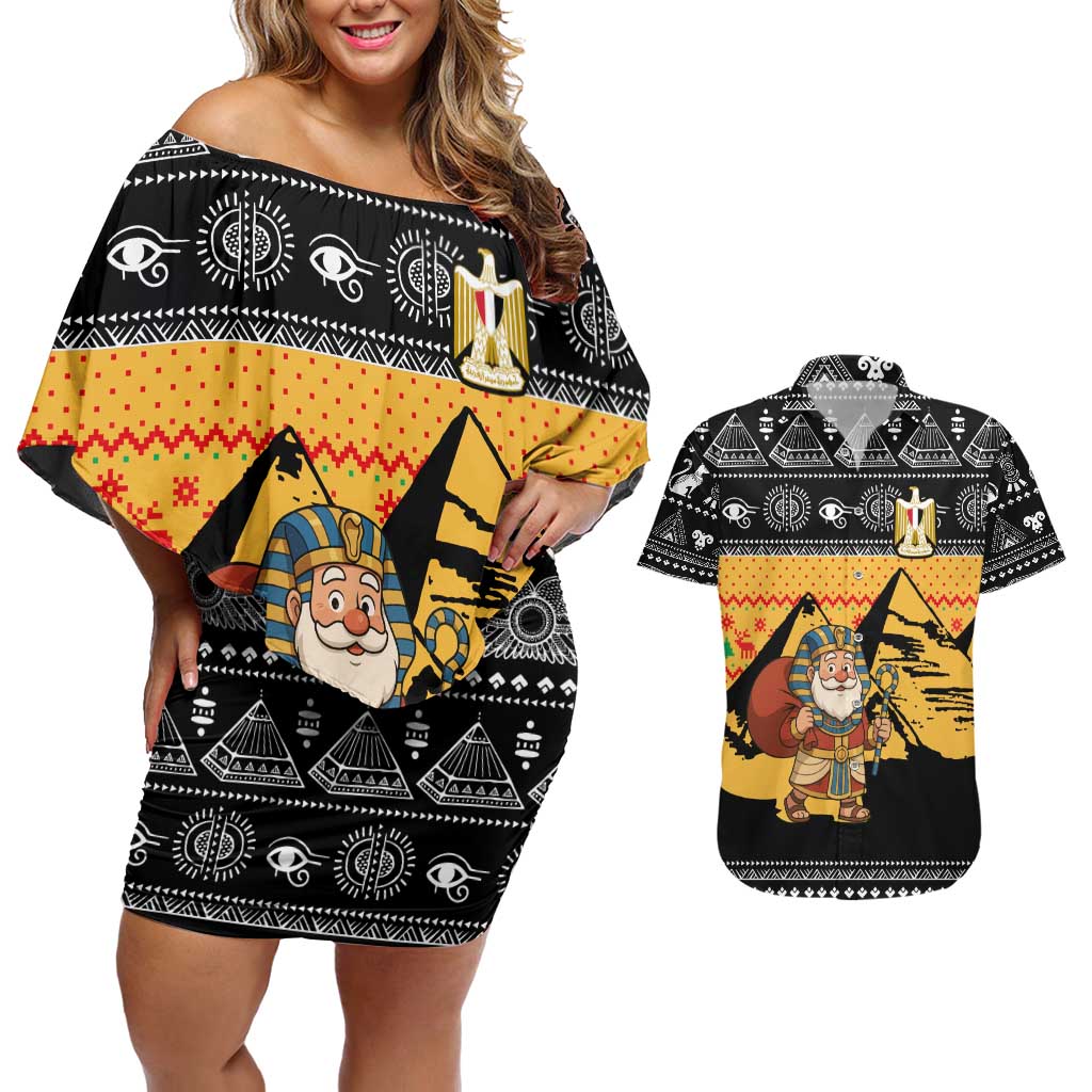 Egypt Christmas Couples Matching Off Shoulder Short Dress and Hawaiian Shirt with Pharaoh Santa Pyramids Eye of Horus and Ancient Egyptian - Wonder Print Shop