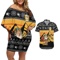 Egypt Christmas Couples Matching Off Shoulder Short Dress and Hawaiian Shirt with Pharaoh Santa Pyramids Eye of Horus and Ancient Egyptian - Wonder Print Shop