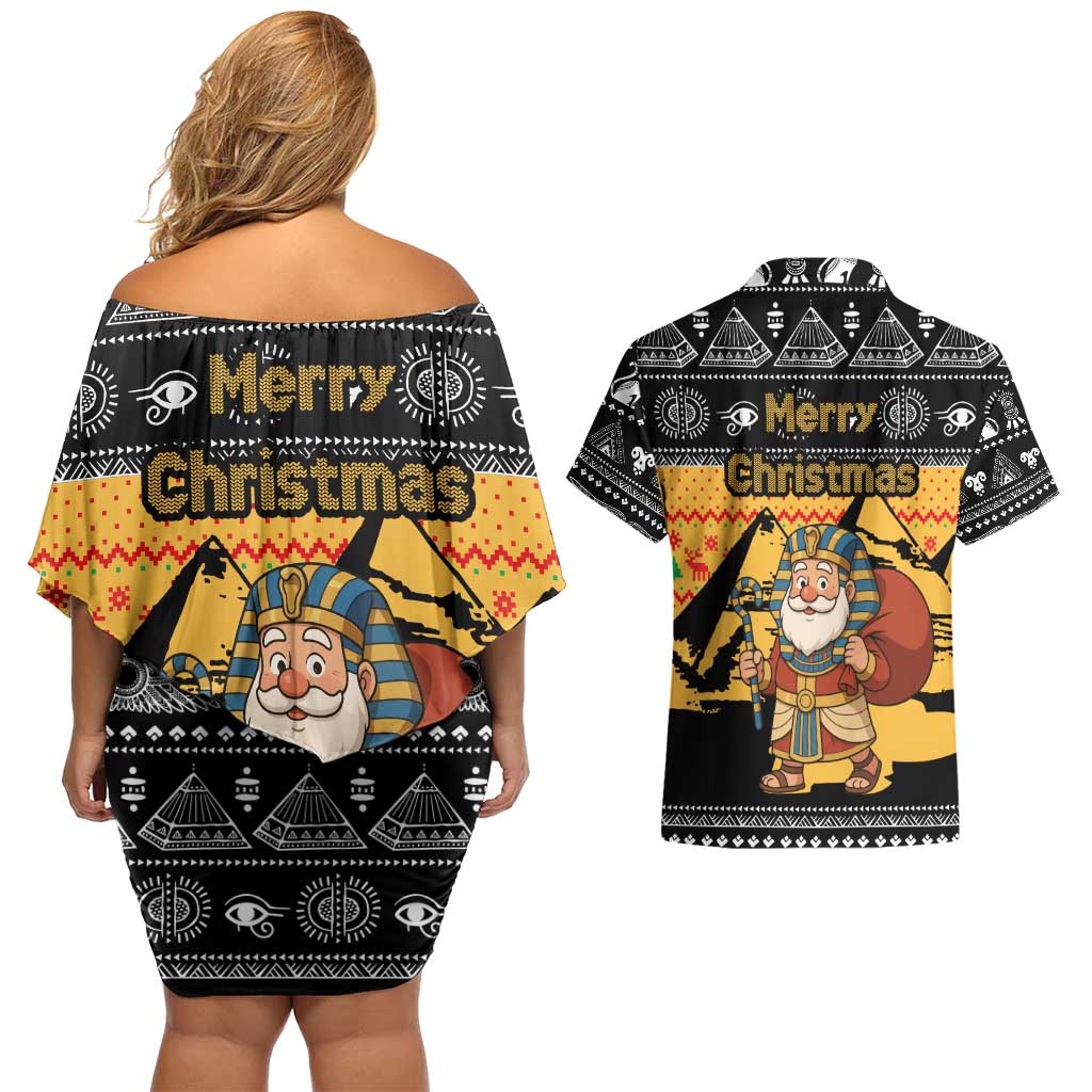 Egypt Christmas Couples Matching Off Shoulder Short Dress and Hawaiian Shirt with Pharaoh Santa Pyramids Eye of Horus and Ancient Egyptian - Wonder Print Shop