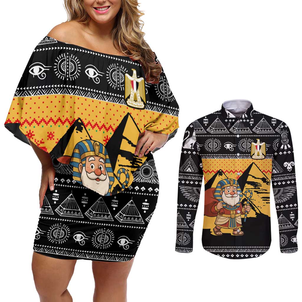 Egypt Christmas Couples Matching Off Shoulder Short Dress and Long Sleeve Button Shirt with Pharaoh Santa Pyramids Eye of Horus and Ancient Egyptian - Wonder Print Shop