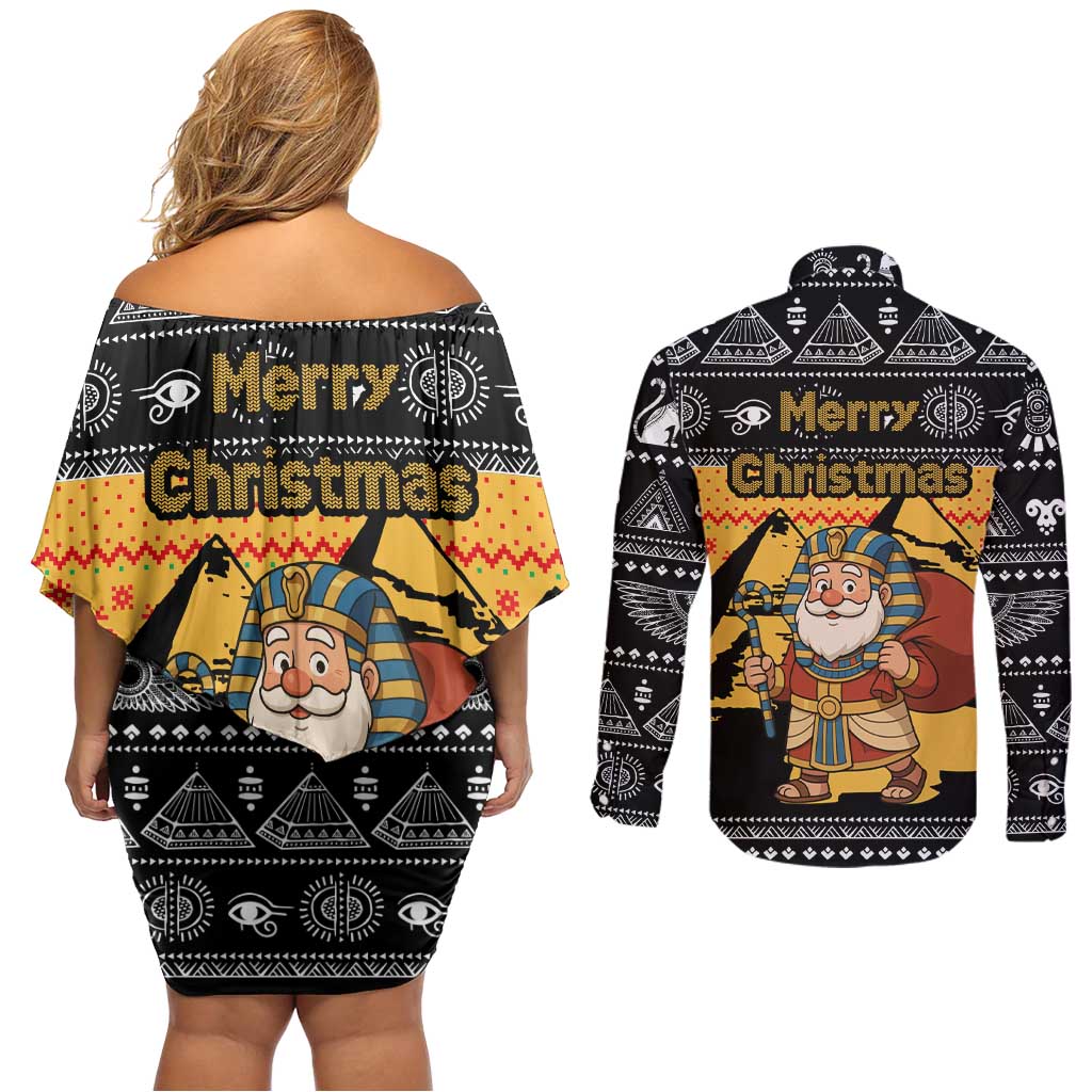 Egypt Christmas Couples Matching Off Shoulder Short Dress and Long Sleeve Button Shirt with Pharaoh Santa Pyramids Eye of Horus and Ancient Egyptian - Wonder Print Shop