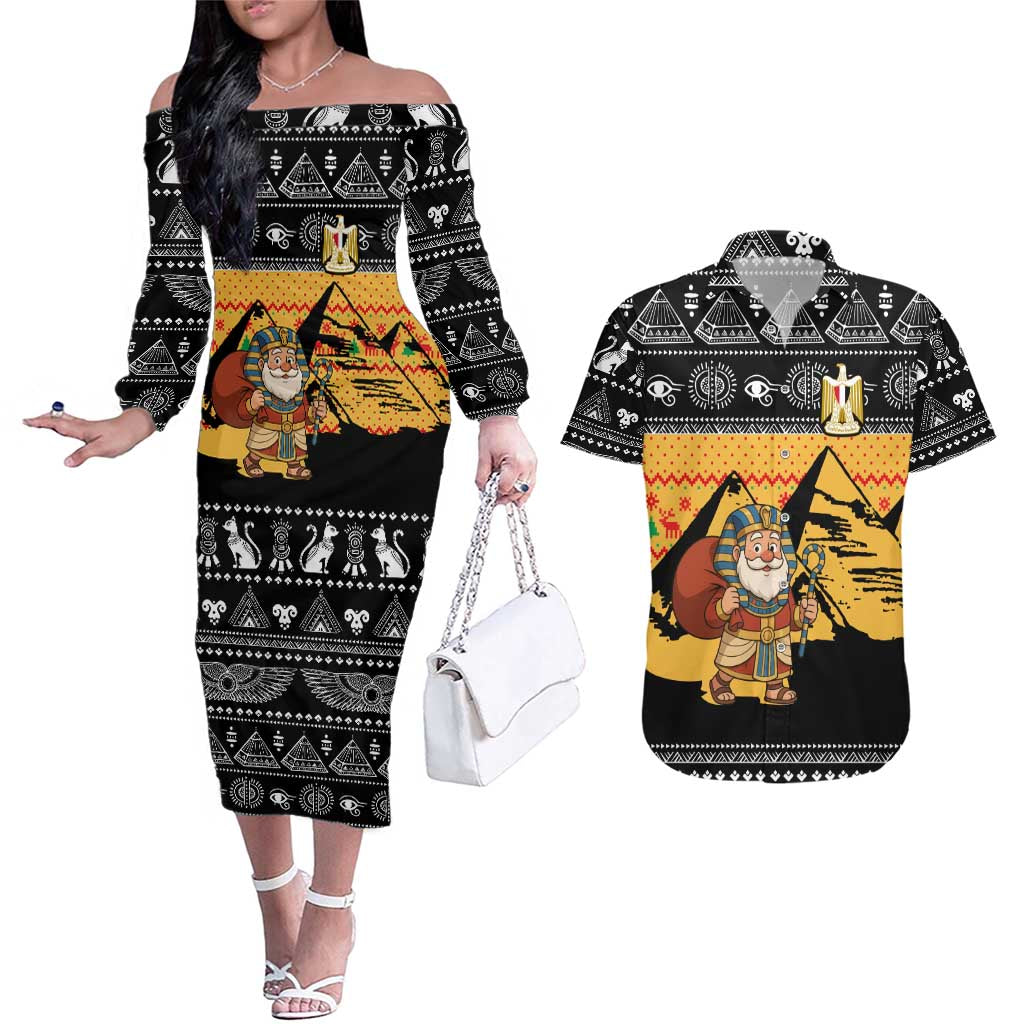 Egypt Christmas Couples Matching Off The Shoulder Long Sleeve Dress and Hawaiian Shirt with Pharaoh Santa Pyramids Eye of Horus and Ancient Egyptian - Wonder Print Shop