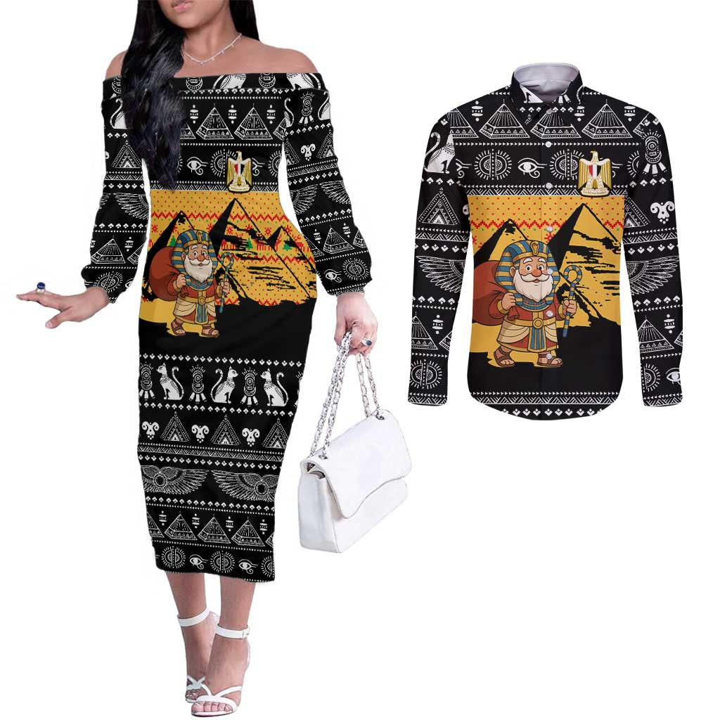 Egypt Christmas Couples Matching Off The Shoulder Long Sleeve Dress and Long Sleeve Button Shirt with Pharaoh Santa Pyramids Eye of Horus and Ancient Egyptian - Wonder Print Shop