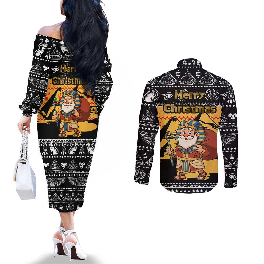 Egypt Christmas Couples Matching Off The Shoulder Long Sleeve Dress and Long Sleeve Button Shirt with Pharaoh Santa Pyramids Eye of Horus and Ancient Egyptian - Wonder Print Shop