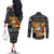 Egypt Christmas Couples Matching Off The Shoulder Long Sleeve Dress and Long Sleeve Button Shirt with Pharaoh Santa Pyramids Eye of Horus and Ancient Egyptian - Wonder Print Shop