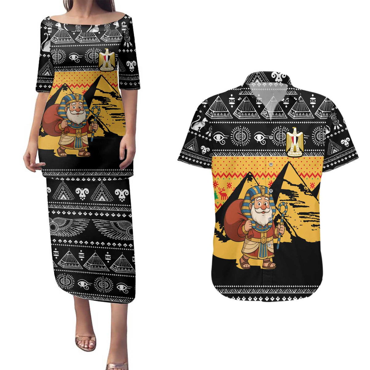 Egypt Christmas Couples Matching Puletasi and Hawaiian Shirt with Pharaoh Santa Pyramids Eye of Horus and Ancient Egyptian - Wonder Print Shop