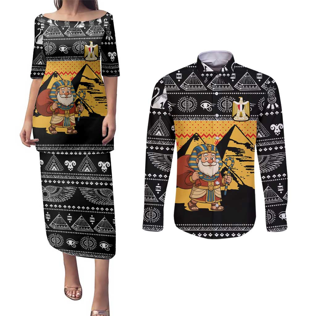 Egypt Christmas Couples Matching Puletasi and Long Sleeve Button Shirt with Pharaoh Santa Pyramids Eye of Horus and Ancient Egyptian - Wonder Print Shop