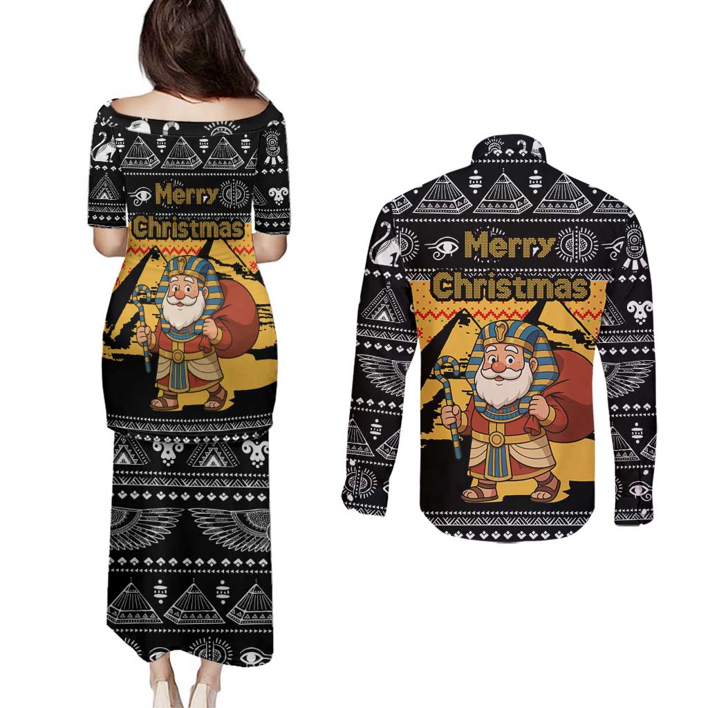 Egypt Christmas Couples Matching Puletasi and Long Sleeve Button Shirt with Pharaoh Santa Pyramids Eye of Horus and Ancient Egyptian - Wonder Print Shop