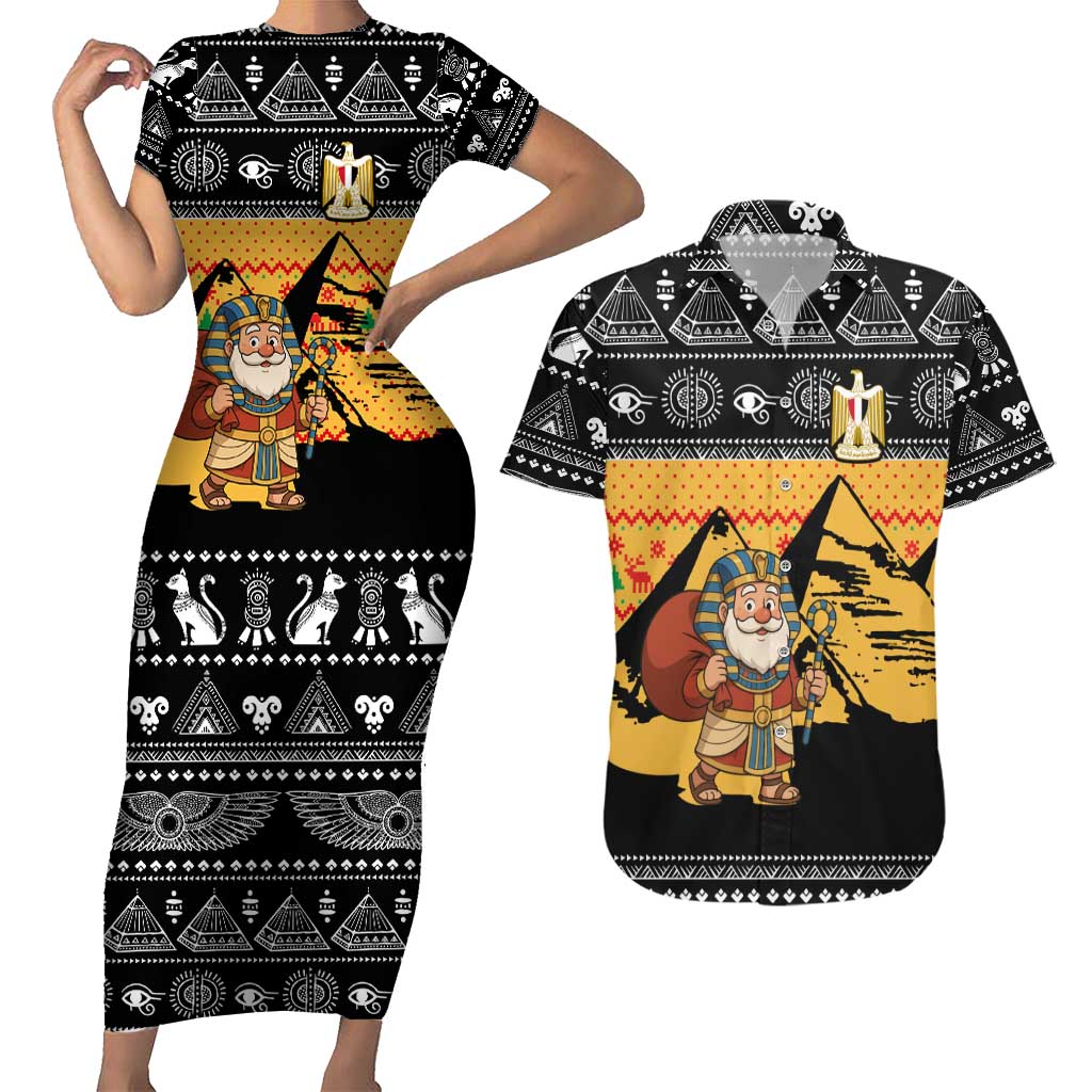 Egypt Christmas Couples Matching Short Sleeve Bodycon Dress and Hawaiian Shirt with Pharaoh Santa Pyramids Eye of Horus and Ancient Egyptian - Wonder Print Shop