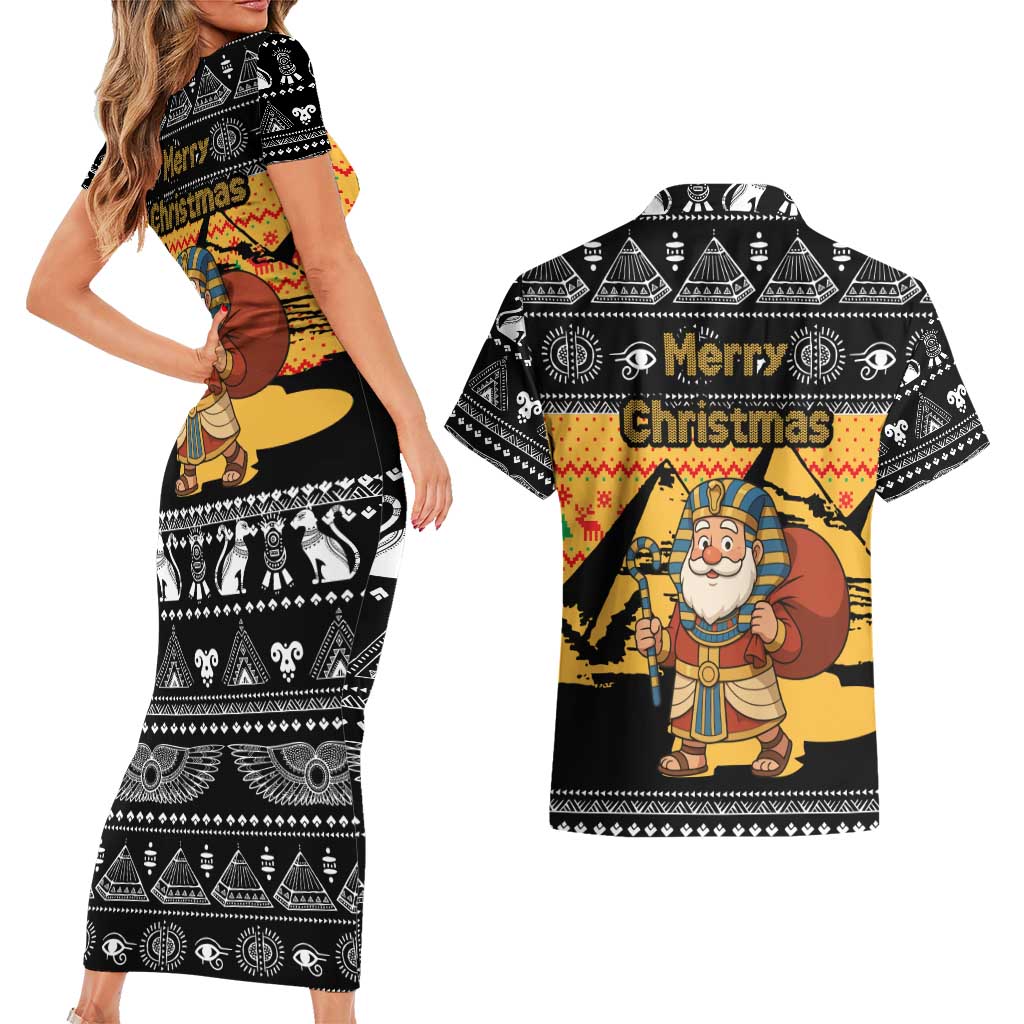 Egypt Christmas Couples Matching Short Sleeve Bodycon Dress and Hawaiian Shirt with Pharaoh Santa Pyramids Eye of Horus and Ancient Egyptian - Wonder Print Shop