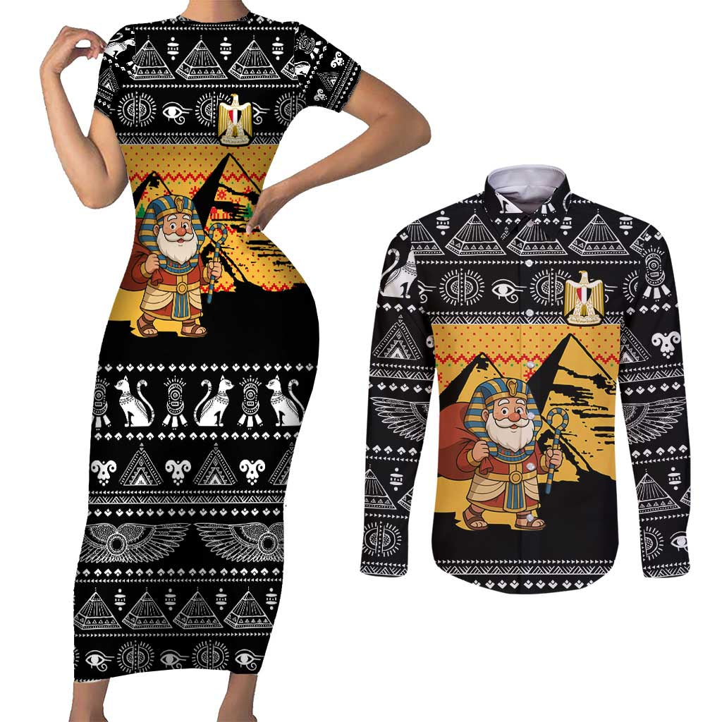 Egypt Christmas Couples Matching Short Sleeve Bodycon Dress and Long Sleeve Button Shirt with Pharaoh Santa Pyramids Eye of Horus and Ancient Egyptian - Wonder Print Shop