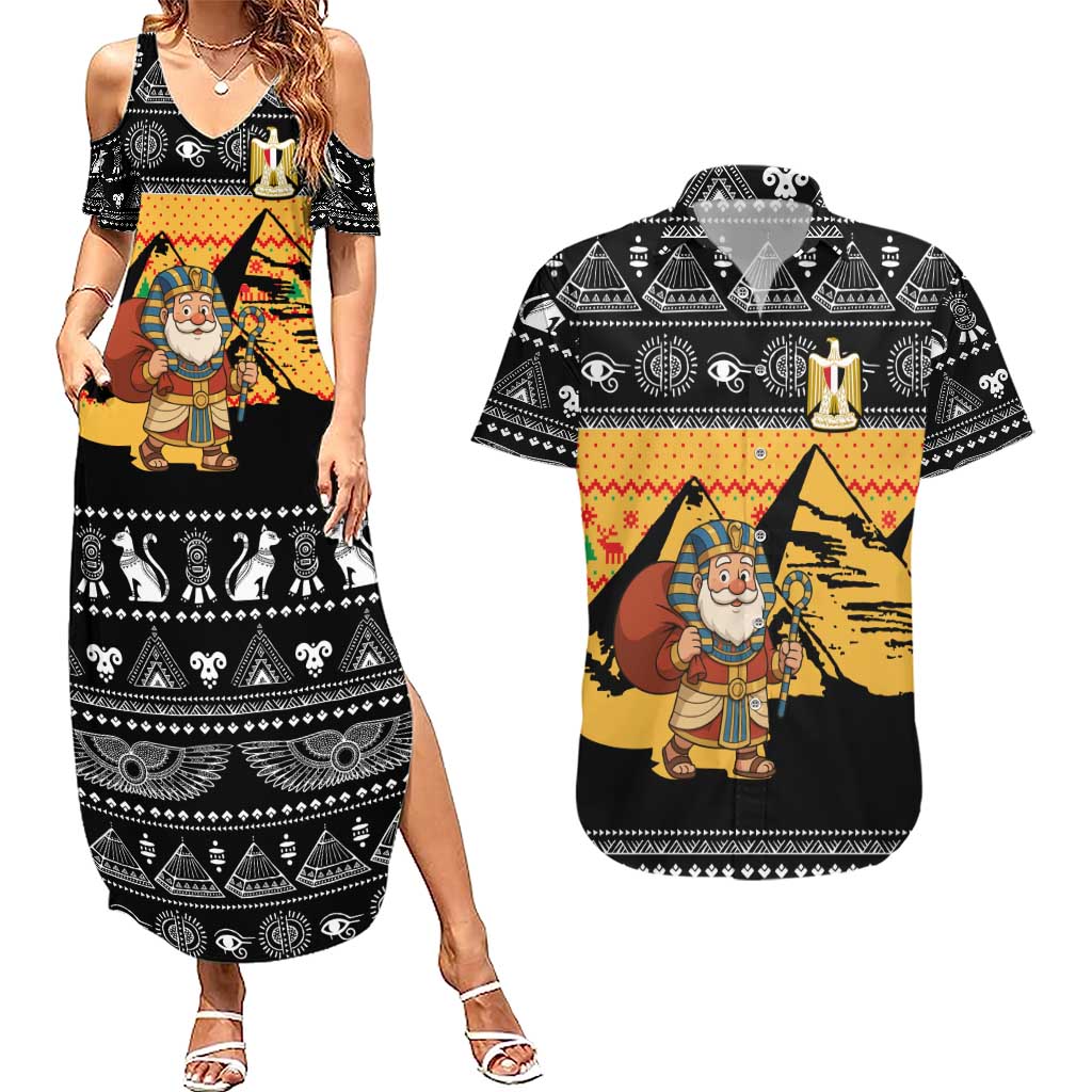 Egypt Christmas Couples Matching Summer Maxi Dress and Hawaiian Shirt with Pharaoh Santa Pyramids Eye of Horus and Ancient Egyptian - Wonder Print Shop