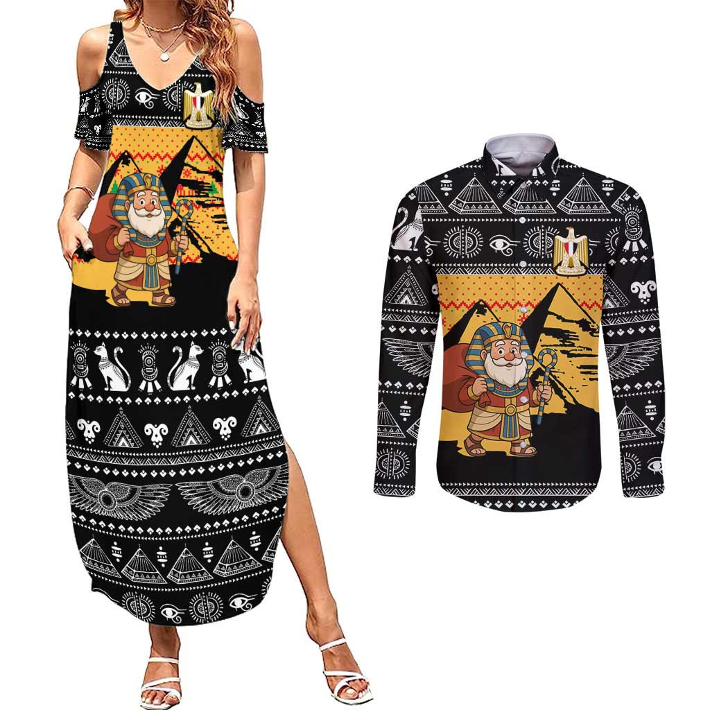 Egypt Christmas Couples Matching Summer Maxi Dress and Long Sleeve Button Shirt with Pharaoh Santa Pyramids Eye of Horus and Ancient Egyptian - Wonder Print Shop
