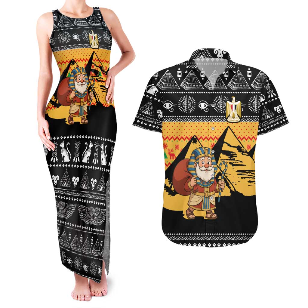 Egypt Christmas Couples Matching Tank Maxi Dress and Hawaiian Shirt with Pharaoh Santa Pyramids Eye of Horus and Ancient Egyptian - Wonder Print Shop