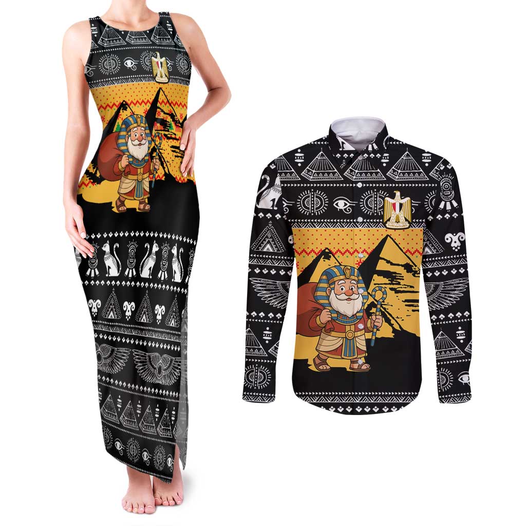 Egypt Christmas Couples Matching Tank Maxi Dress and Long Sleeve Button Shirt with Pharaoh Santa Pyramids Eye of Horus and Ancient Egyptian - Wonder Print Shop