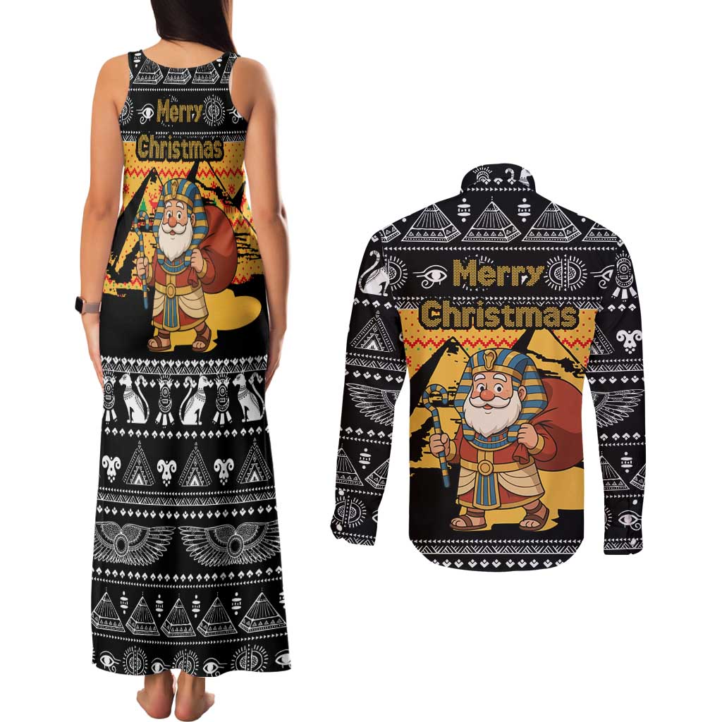 Egypt Christmas Couples Matching Tank Maxi Dress and Long Sleeve Button Shirt with Pharaoh Santa Pyramids Eye of Horus and Ancient Egyptian - Wonder Print Shop