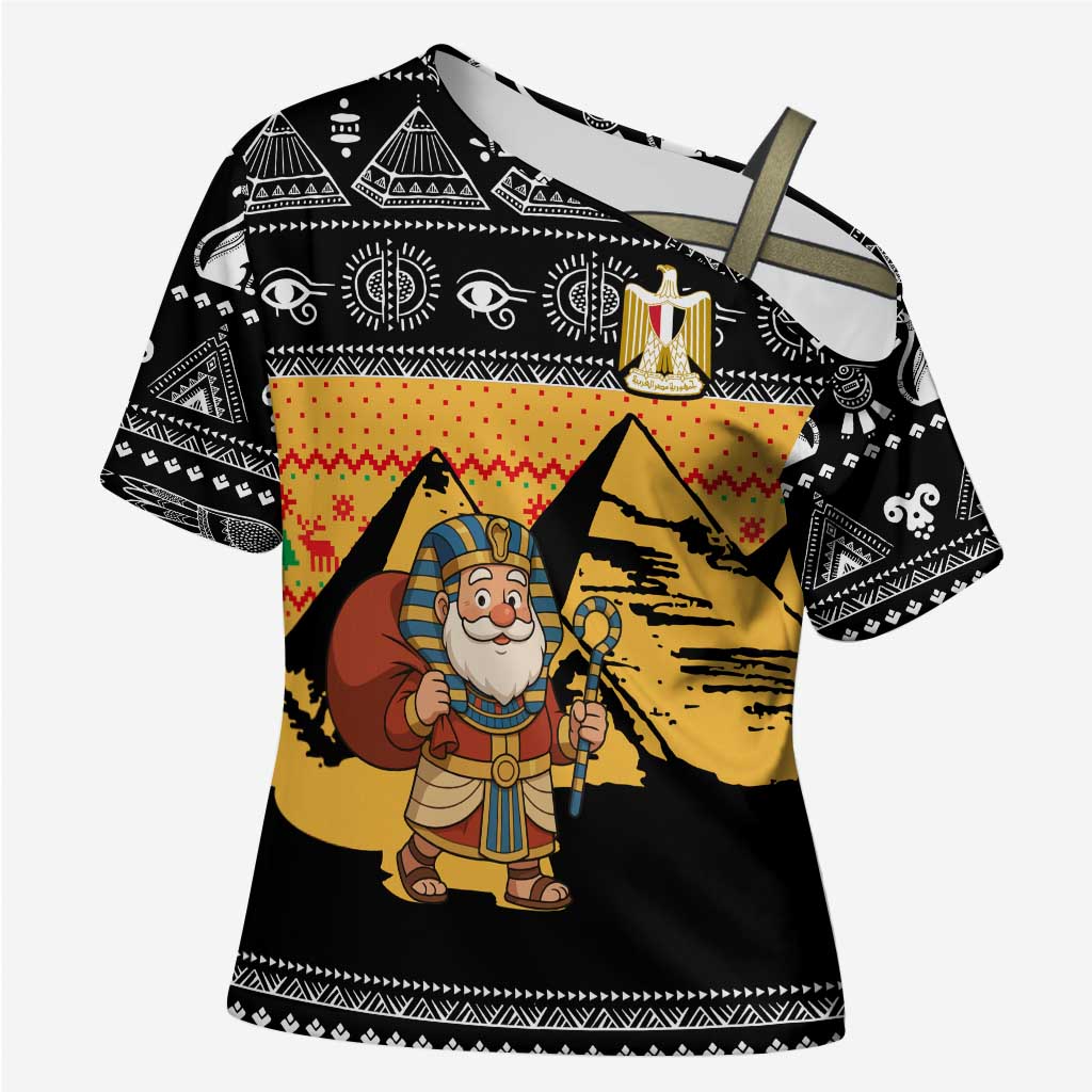 Egypt Christmas Cross Shoulder Shirt with Pharaoh Santa Pyramids Eye of Horus and Ancient Egyptian - Wonder Print Shop