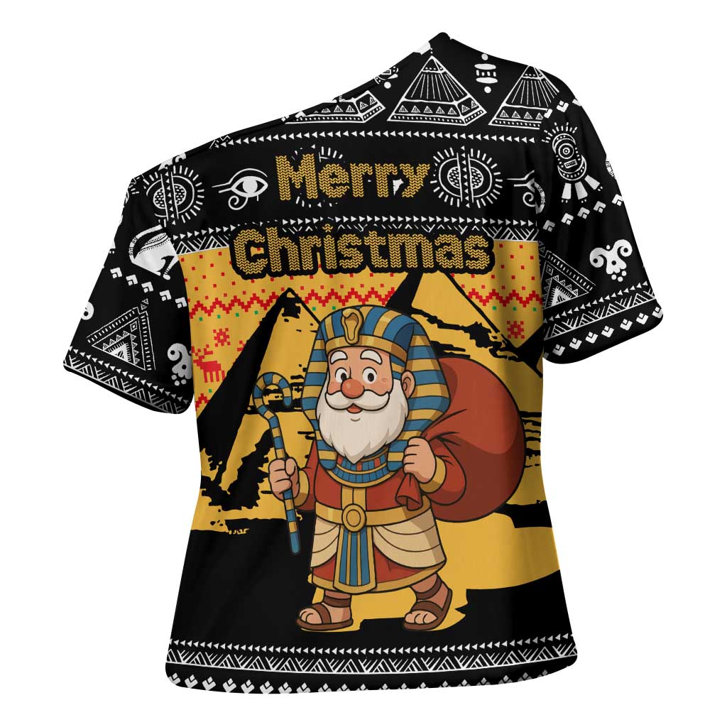 Egypt Christmas Cross Shoulder Shirt with Pharaoh Santa Pyramids Eye of Horus and Ancient Egyptian - Wonder Print Shop
