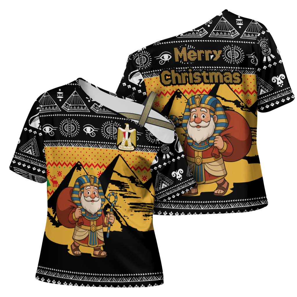 Egypt Christmas Cross Shoulder Shirt with Pharaoh Santa Pyramids Eye of Horus and Ancient Egyptian - Wonder Print Shop