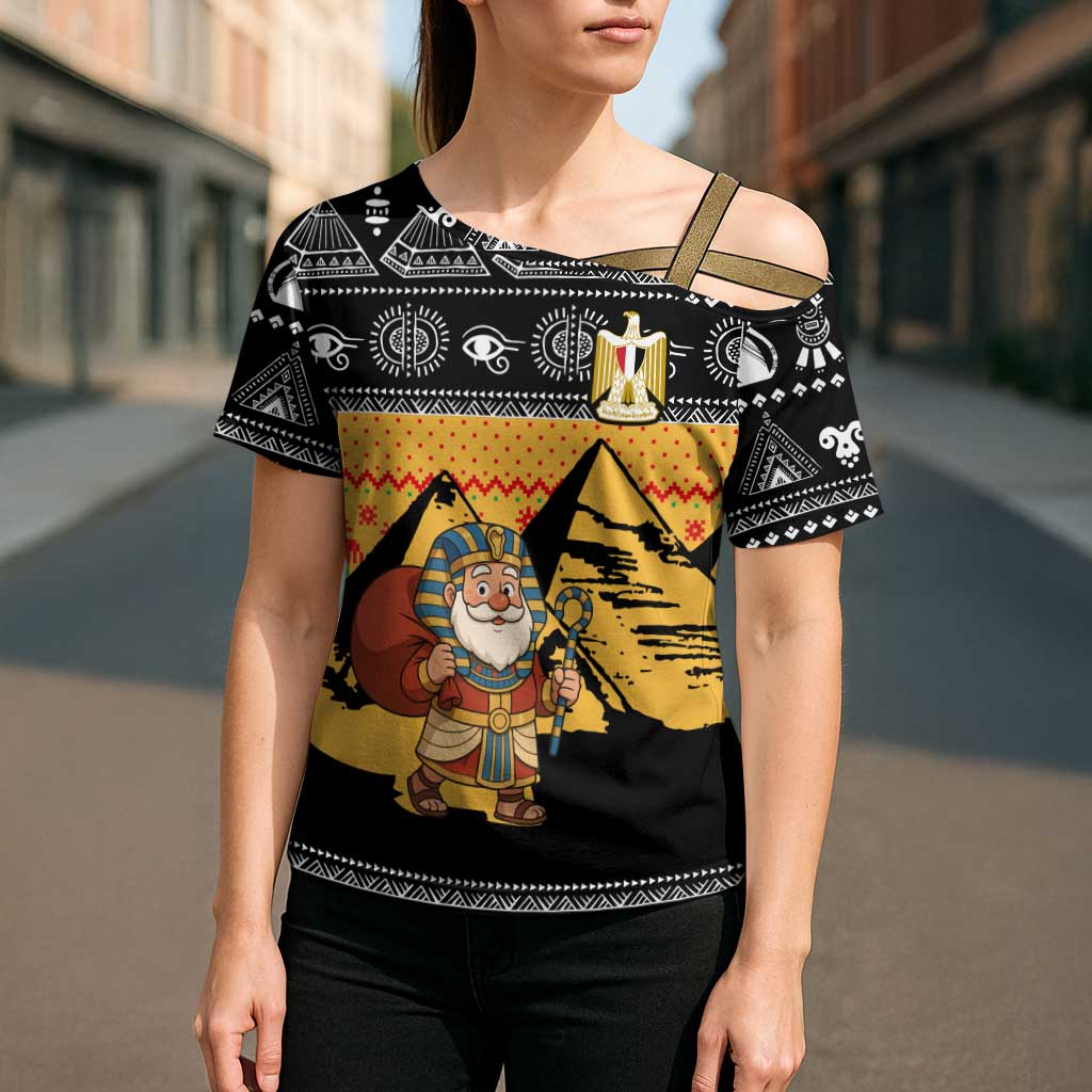 Egypt Christmas Cross Shoulder Shirt with Pharaoh Santa Pyramids Eye of Horus and Ancient Egyptian - Wonder Print Shop