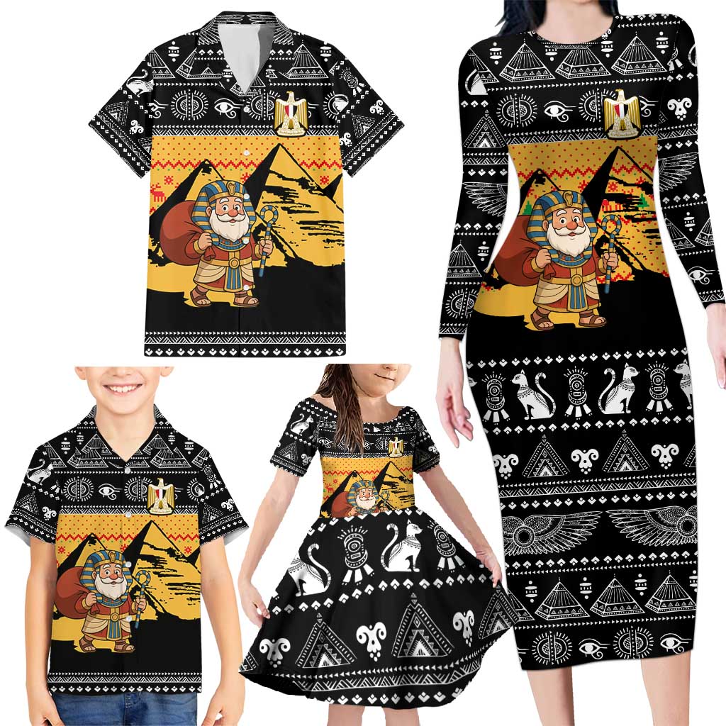 Egypt Christmas Family Matching Long Sleeve Bodycon Dress and Hawaiian Shirt with Pharaoh Santa Pyramids Eye of Horus and Ancient Egyptian - Wonder Print Shop
