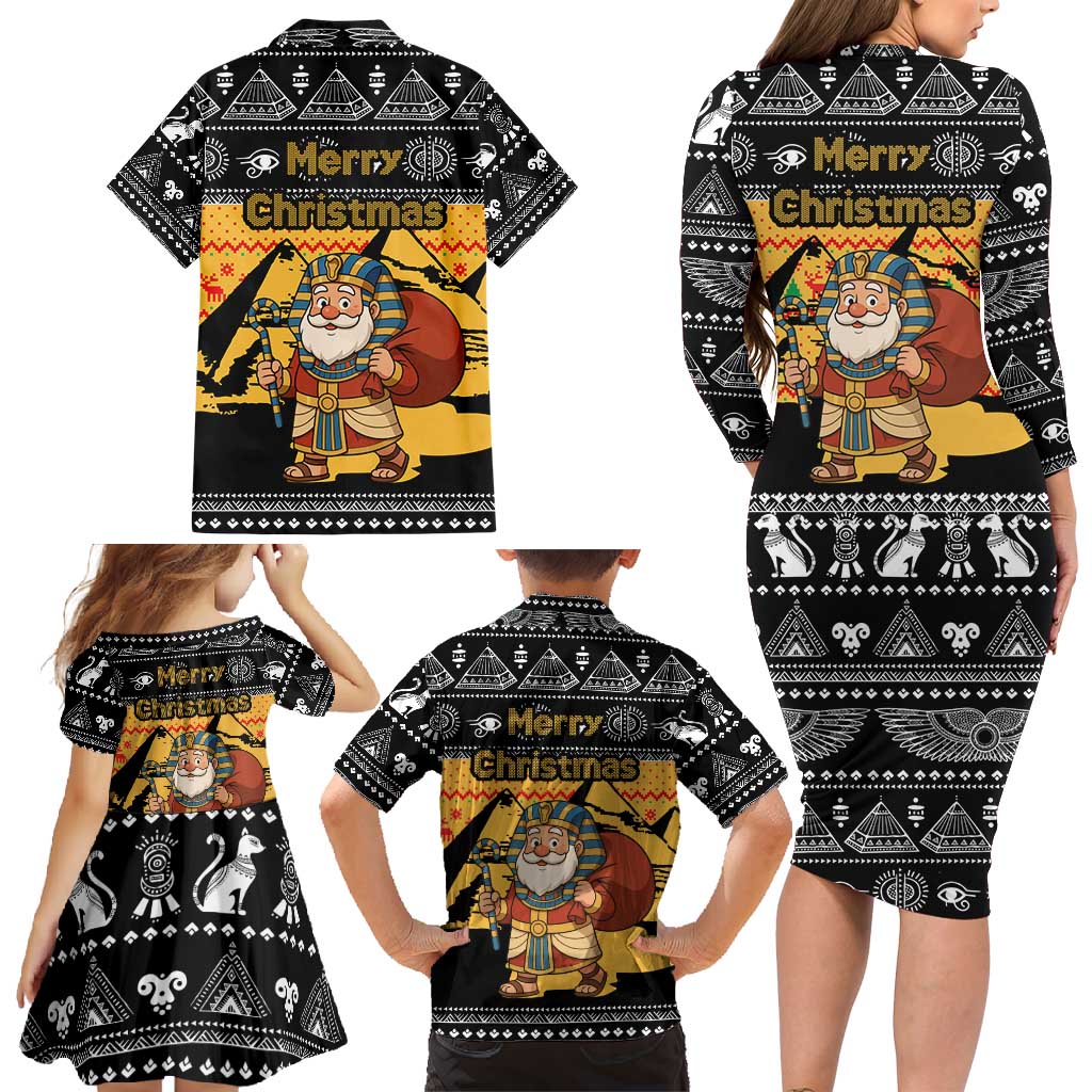 Egypt Christmas Family Matching Long Sleeve Bodycon Dress and Hawaiian Shirt with Pharaoh Santa Pyramids Eye of Horus and Ancient Egyptian - Wonder Print Shop