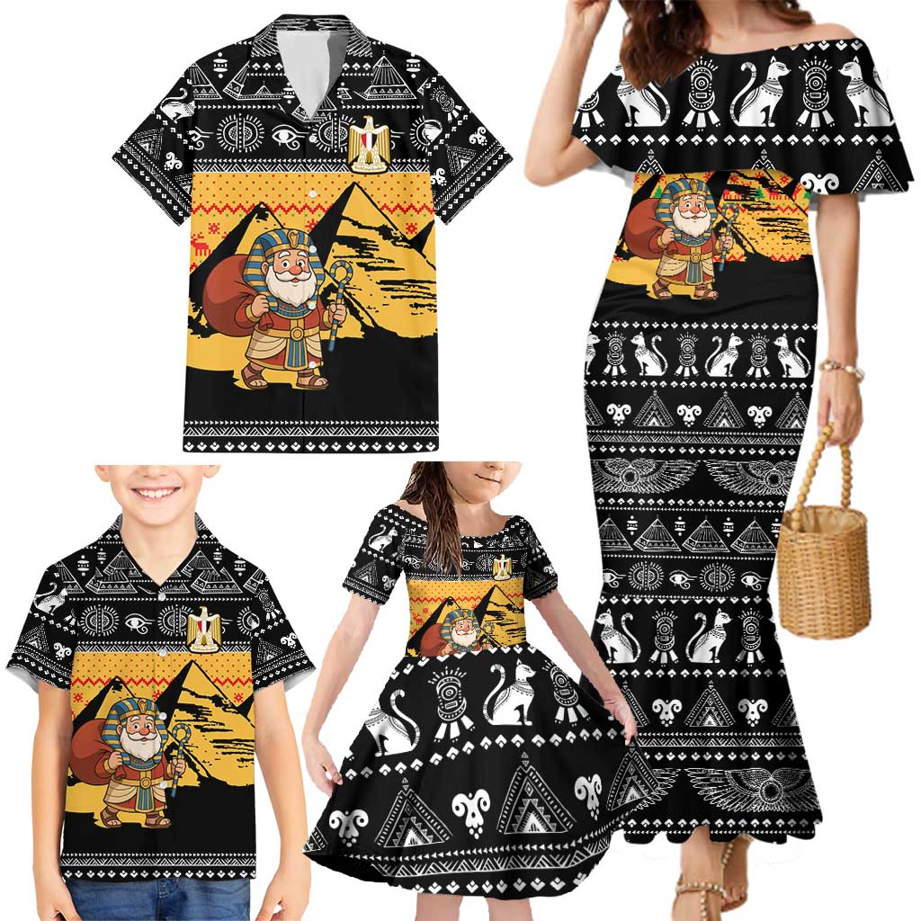 Egypt Christmas Family Matching Mermaid Dress and Hawaiian Shirt with Pharaoh Santa Pyramids Eye of Horus and Ancient Egyptian - Wonder Print Shop
