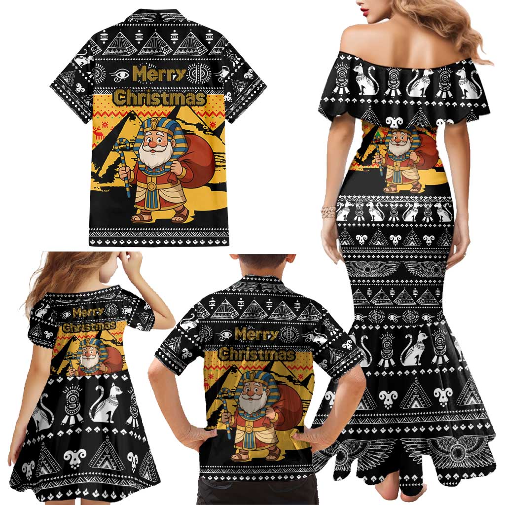 Egypt Christmas Family Matching Mermaid Dress and Hawaiian Shirt with Pharaoh Santa Pyramids Eye of Horus and Ancient Egyptian - Wonder Print Shop
