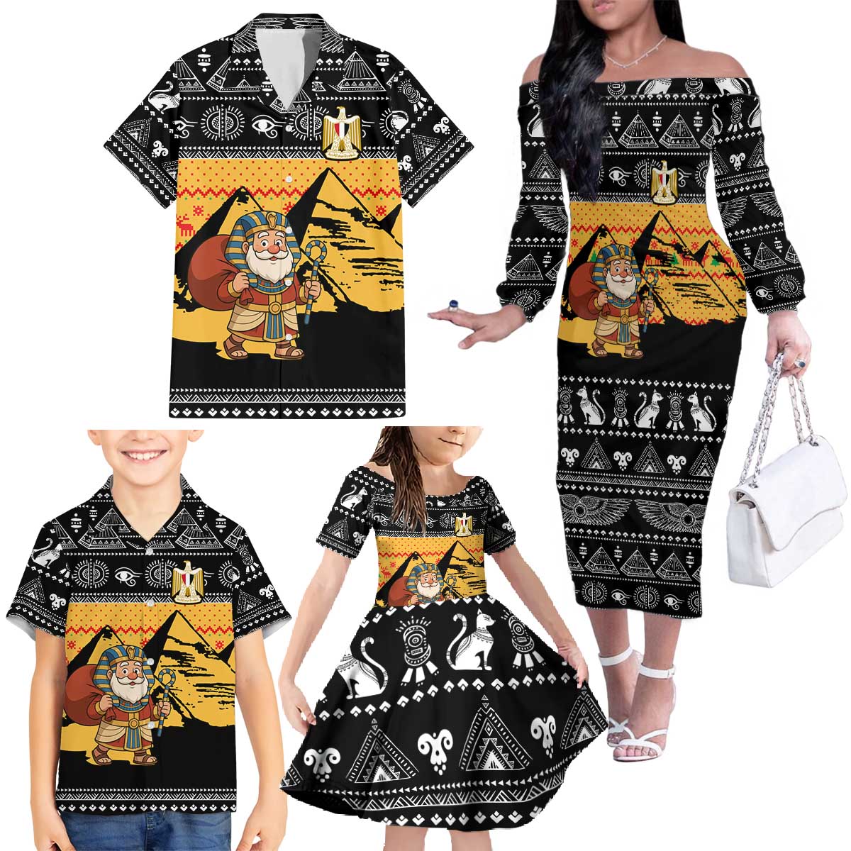 Egypt Christmas Family Matching Off The Shoulder Long Sleeve Dress and Hawaiian Shirt with Pharaoh Santa Pyramids Eye of Horus and Ancient Egyptian - Wonder Print Shop