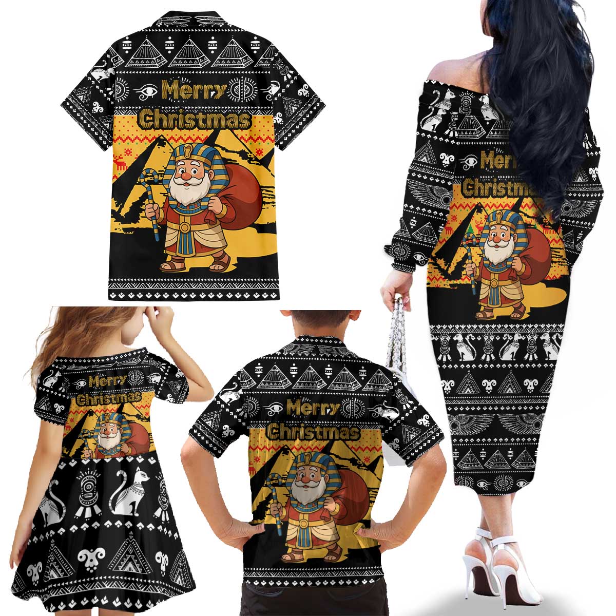 Egypt Christmas Family Matching Off The Shoulder Long Sleeve Dress and Hawaiian Shirt with Pharaoh Santa Pyramids Eye of Horus and Ancient Egyptian - Wonder Print Shop