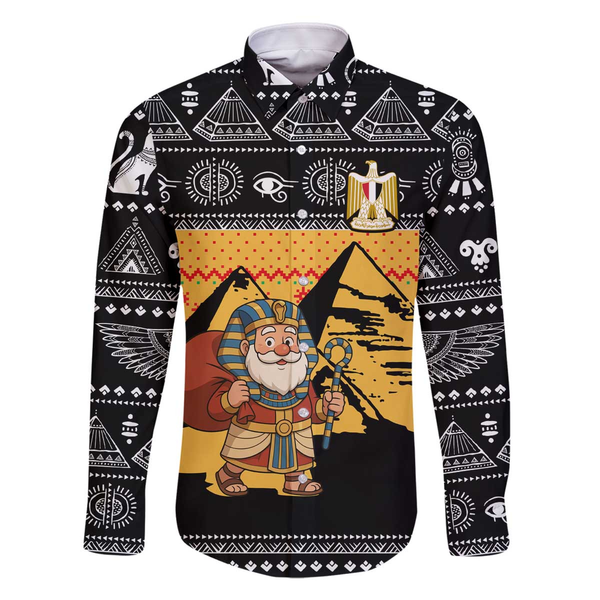Egypt Christmas Family Matching Off The Shoulder Long Sleeve Dress and Hawaiian Shirt with Pharaoh Santa Pyramids Eye of Horus and Ancient Egyptian - Wonder Print Shop