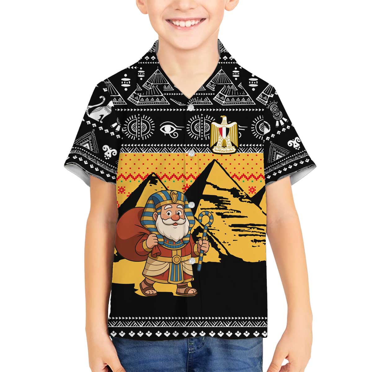 Egypt Christmas Family Matching Off The Shoulder Long Sleeve Dress and Hawaiian Shirt with Pharaoh Santa Pyramids Eye of Horus and Ancient Egyptian - Wonder Print Shop