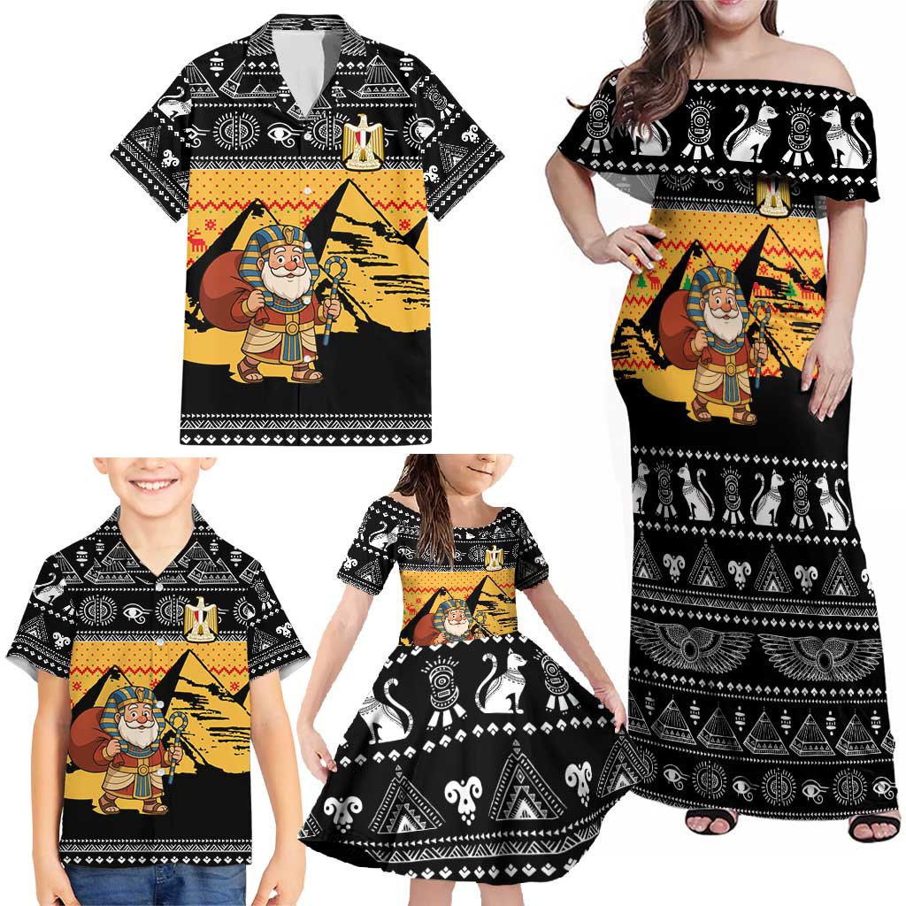 Egypt Christmas Family Matching Off Shoulder Maxi Dress and Hawaiian Shirt with Pharaoh Santa Pyramids Eye of Horus and Ancient Egyptian - Wonder Print Shop